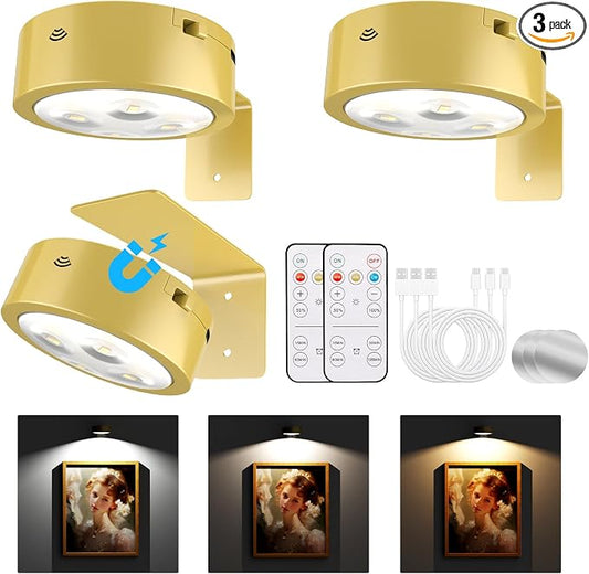 Tututry 3-Pack Picture Lights for Wall, Rechargeable Battery Magnetic Poster Lights with Remote Dimmable 3-Color Temps & Timer, LED Art Display Lighting for Paintings, Frames & Wall Art Decor (Gold)