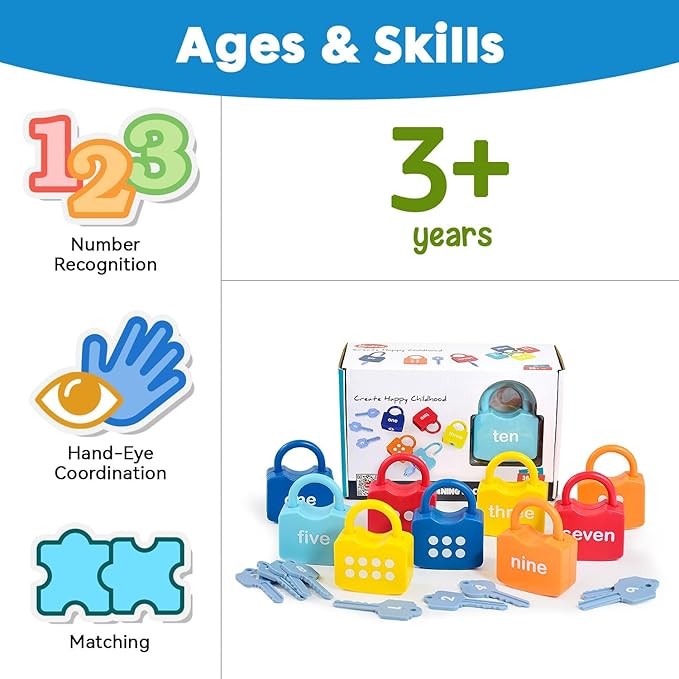 Montessori Toys for 3 Year Old, Preschool Activities Toys Games for Toddler, Lock & Key Counting Toys for Toddlers, Math Manipulatives for Preschool Kindergarten Learning & Education