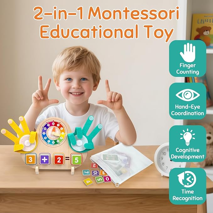 Montessori Toys for 3 4 5 Year Old – Math Manipulatives with Clock, Number Blocks & Finger Counting Cards, Educational Preschool Learning Activities & Toys for Toddlers Ages 3+