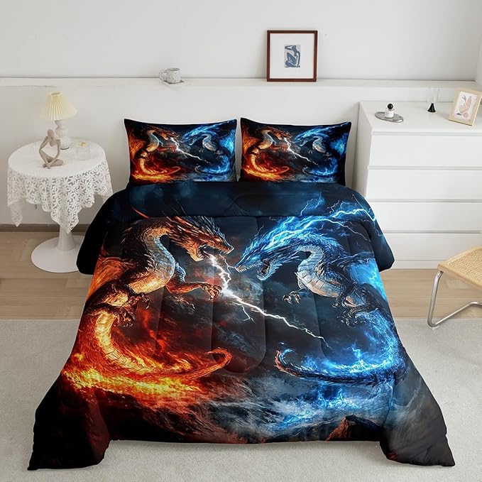 Feelyou Dragon Comforter Set Queen Size Dragon Stuff Comforter for Boys Girls Teens Wild Life Bedding Set Thunder and Lightning Duvet Set Room Decor Blue Orange Quilt Set
