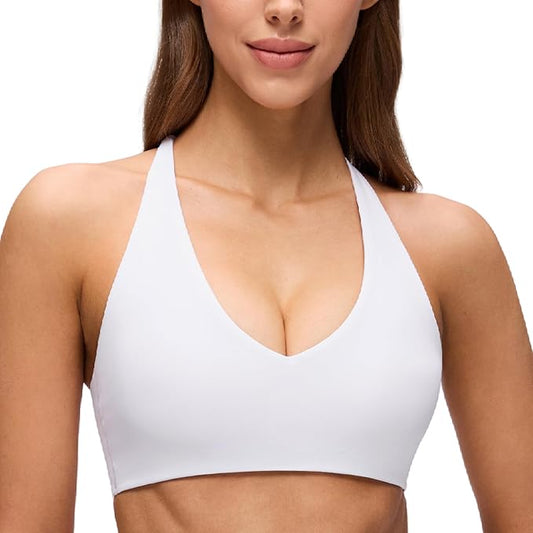 CRZ YOGA Butterluxe V Neck Twist Cross Back Sports Bras for Women - Adjustable Spaghetti Straps Padded Crop Yoga Top