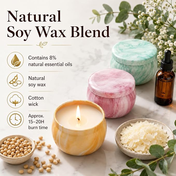 Scented Candles Gift Set, 8 Pack Soy Wax Blend Candles, 70 g Metal Candle Cans with Pastel Marble Cloud Pattern, 8 Assorted Fragrances, Reusable Iron Containers for Home Decor and Gifts