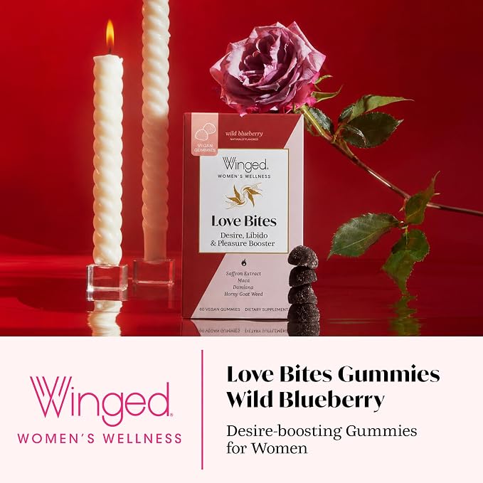 Winged Wellness Love Bites, Libido Booster for Women with Maca Root - Libido & Pleasure Booster with Horny Goat Weed & Damiana - Natural Aphrodisiac Gummy Supplement - Wild Blueberry, 60 Vegan Gummies