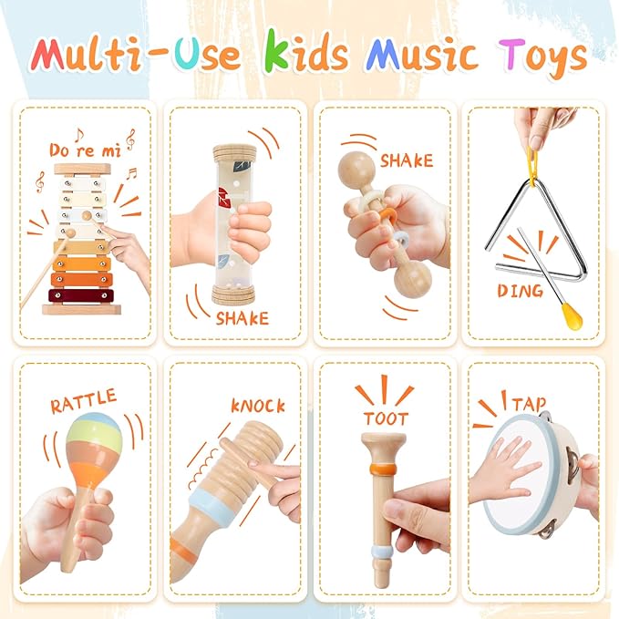 Toddler Musical Instruments Sets, Montessori Wooden Percussion Educational Baby Musical Toys Xylophone Maracas Tambourine for 2 3 4 Year Old, 18 Months Gifts for Baby Boys Girls Kids