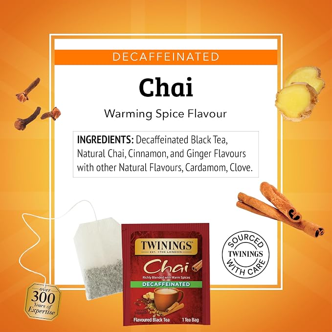 Twinings Decaffeinated Chai Individually Wrapped Bags, 100 Count (Pack of 1), Sweet, Savoury Spices, Enjoy Hot or Iced, 100 Teabags