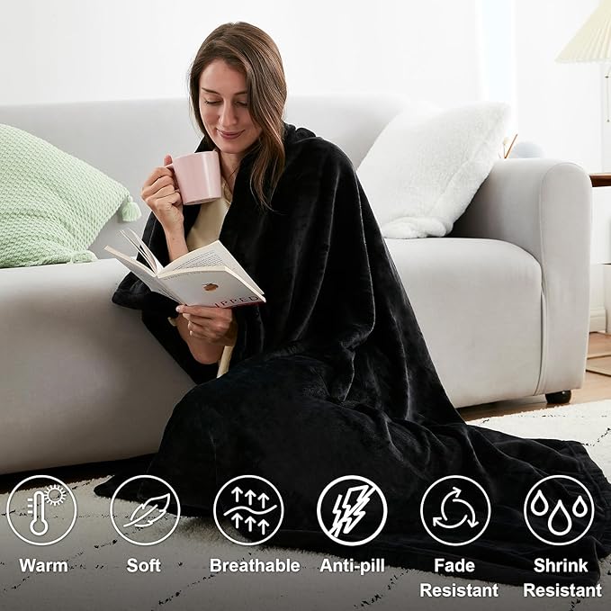Hansleep Queen Black Fleece Blanket, Soft Flannel Bed Blanket | Fuzzy Cozy Blanket 90x90 Inches, Multi-use for Bed, Sofa, Couch, Travel, Camping, All Season Warm Lightweight Cover