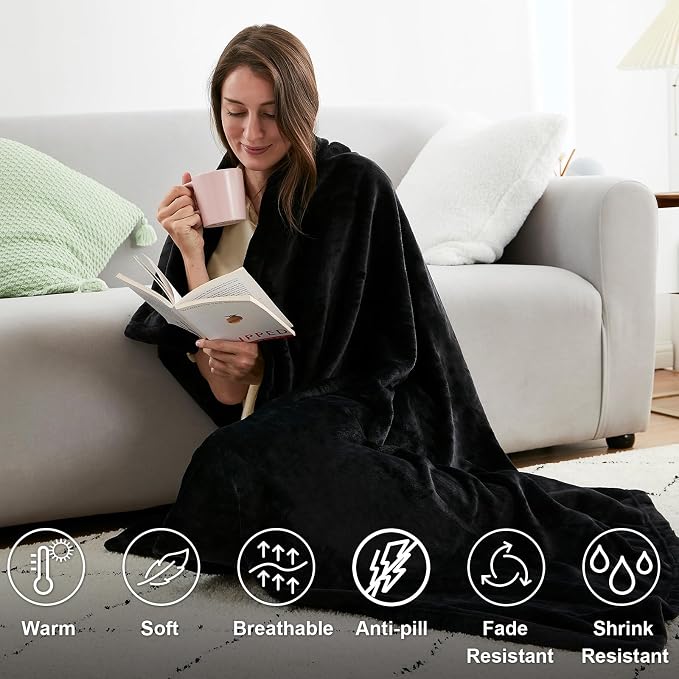 Hansleep Throw XL Black Fleece Blanket, Soft Flannel Bed Blanket | Fuzzy Cozy Blanket 50x70 Inches, Multi-use for Bed, Sofa, Couch, Travel, Camping, All Season Warm Lightweight Cover