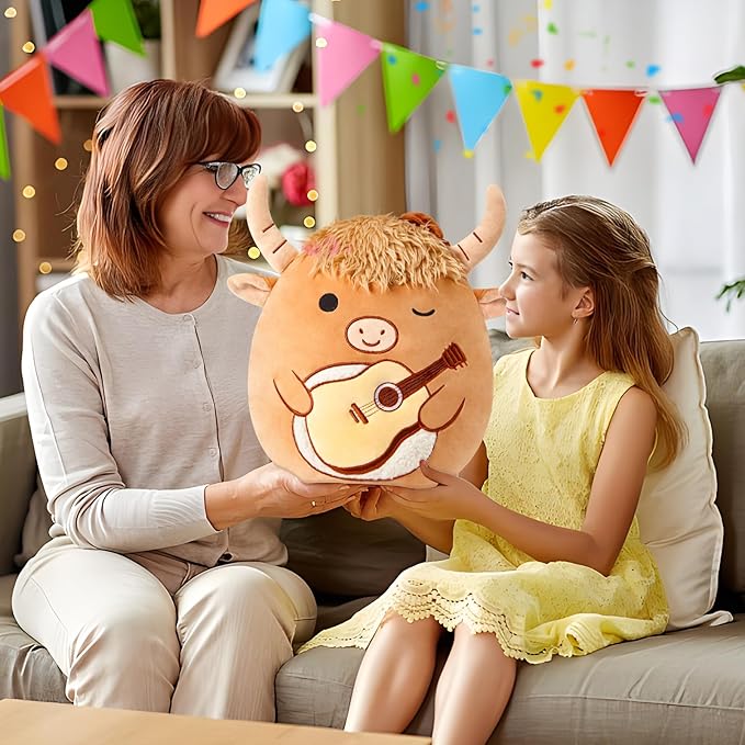 Glow Guards 12'' Highland Cow Plush Pillow Cute Highland Cow Stuffed Animal Holding Guitar Soft Plush Toy Birthday Gift for Boys Girls Kids