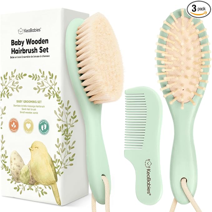 Wooden Baby Hair Brush Set for Newborns, Toddlers - Soft Goat Bristle Baby Brush and Comb Set Newborn Grooming Kit for Cradle Cap Care, Durable & Gentle, Boy, Girl Infant Essentials (Regular, Sage)