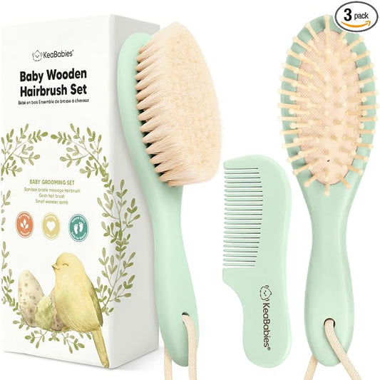 Wooden Baby Hair Brush Set for Newborns, Toddlers - Soft Goat Bristle Baby Brush and Comb Set Newborn Grooming Kit for Cradle Cap Care, Durable & Gentle, Boy, Girl Infant Essentials (Regular, Sage)