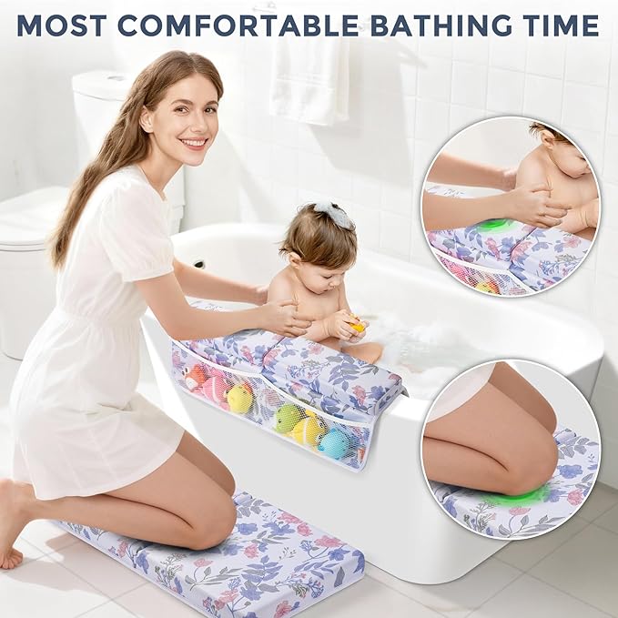 Bath Kneeler and Elbow Rest Pad Set - Comfortable 1.5” Thick Baby Bath Kneeler Pads with Toys Organizer, Non-Slip Knee Arm Support Bathtub Mat, Quick-Drying Kneeling Pad for Baby Bath Time
