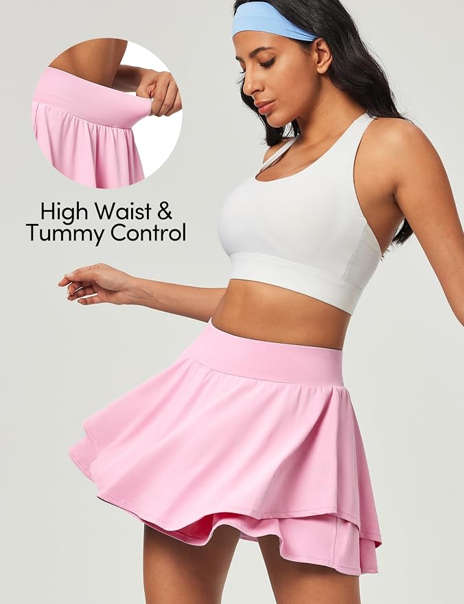 IUGA Tennis Skirt Pleated Skorts for Women with Pockets Skirts for Women | Double Ruffle Skort , Built-In Shorts, 2 Pockets, Tummy Control Breathable, Quick-dry, for Golf, Athletic, Running, Workout