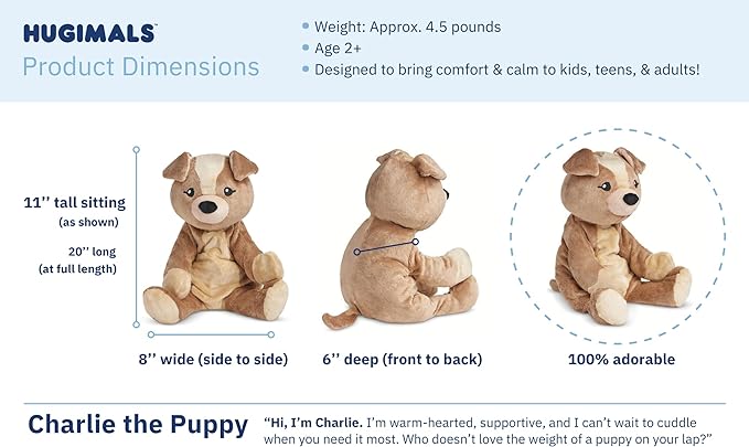 Charlie The Puppy 20 Inch 4.5 lb Heavy Cute Sensory Weighted Comfort Plush | Large Unscented Washable Self Care Calming Stuffed Animal for Kids, Teens and Adults