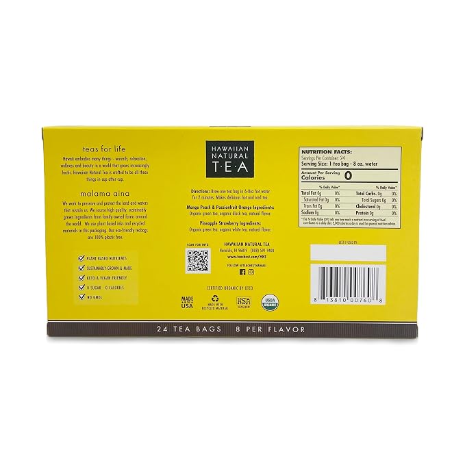 Hawaiian Natural Organic Tropical Fruit Tea Sampler - Green, Black, White Tropical Fruit Tea Blends, Gift Box Set For Special Occasions - 24 Bags