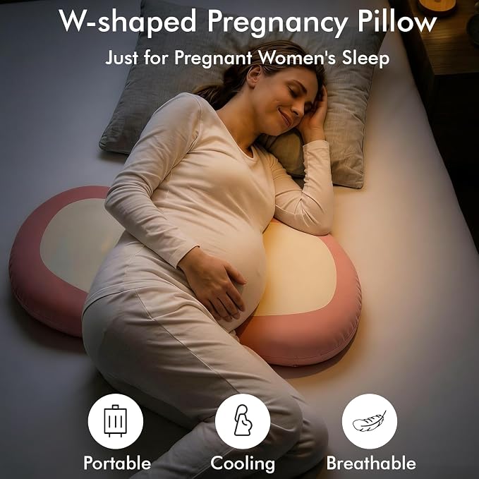 Pregnancy Pillows for Sleeping, Memory Foam W Shaped Maternity Pillow for Pregnant Women, Adjustable Travel Pregnancy Wedge Pillow with Cooling Removable Washable Cover, Support for Belly, Back(Pink)