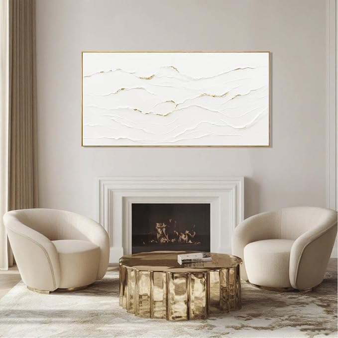 Framed White Gold Abstract Wave Canvas Wall Art for Living Room 24x48 Inch