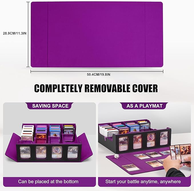 Trading Card Storage Box with Commander Display , 4-Row Deck Case with Removable Lid; 2400+ Card Deck Box for MTG TCG Sports Card, 4 Top Loaders, 4 Stoppers, 24 Dividers,1 Dice Bag (Black Purple)