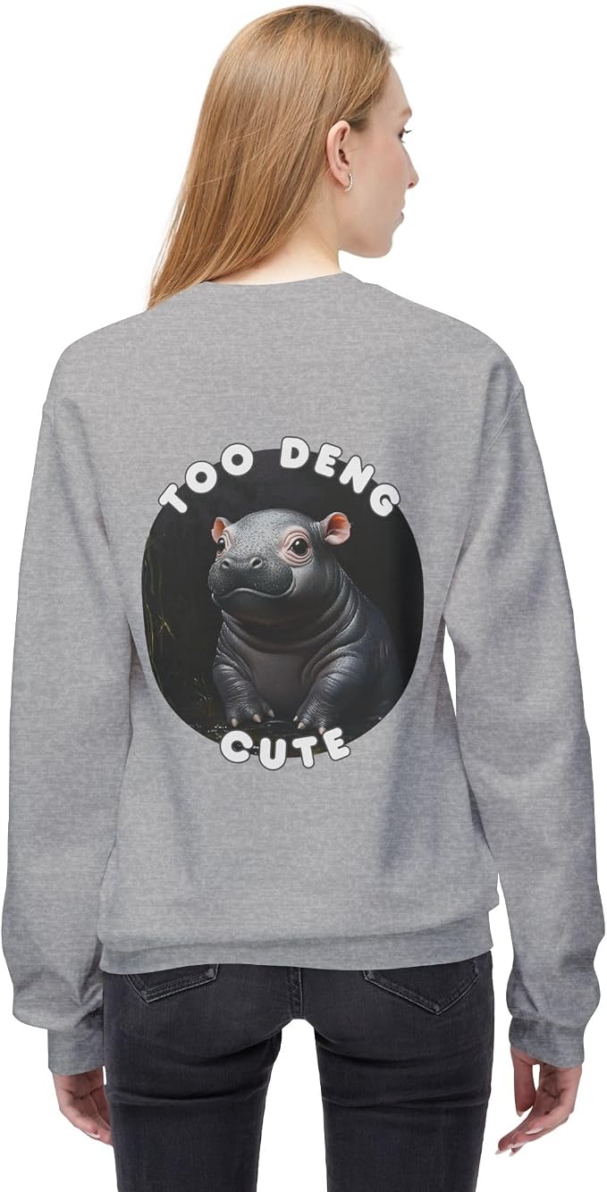 Unisex Fleece Crewneck Sweatshirt - Too Deng Cute Moo Deng Hippo, Cozy Cotton Blend, Classic Relaxed Fit