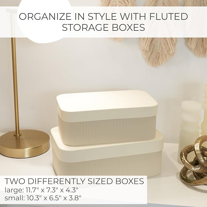 ZICOTO Decorative Storage Boxes with Lids - Set of 2 Beautiful Fluted Photo Organizer Bins for Your Home Bookshelf Decor to Safely Store Your Documents, Memory Box Items and Other Keepsakes in Style