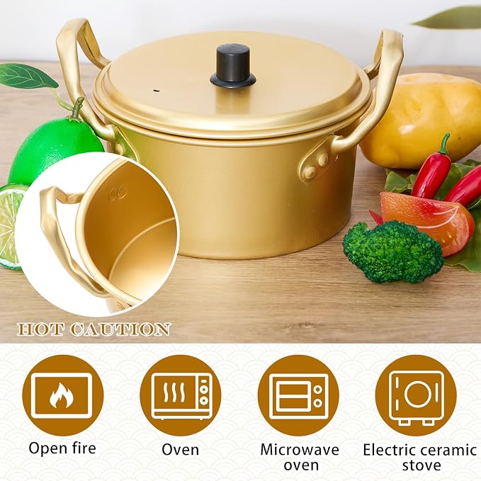 Tioncy Korean Ramen Pot Set of 2 with Lid, Aluminum Ramen Noodle Cooking Pot, Fast Heating with Spoon & Chopsticks, 6 inches/ 16 cm noodle Cooker for Soup, Pasta, Camping, Dorm Cooking, Couple Dinner