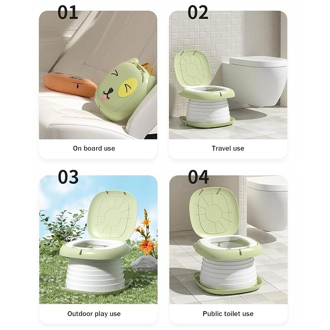 Travel Potty 9.4X 1.9in Flip Green ABS Stable Collapsible Cartoon Style Portable Potty Emergency Toilet for Toddler, Travel, Camping and Outdoor Use..