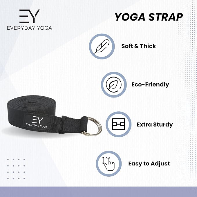 Everyday Yoga Strap with Metal D-Ring - Durable Stretching Strap for Yoga, Pilates, Flexibility & Physical Therapy (6ft, 8ft, 10ft)