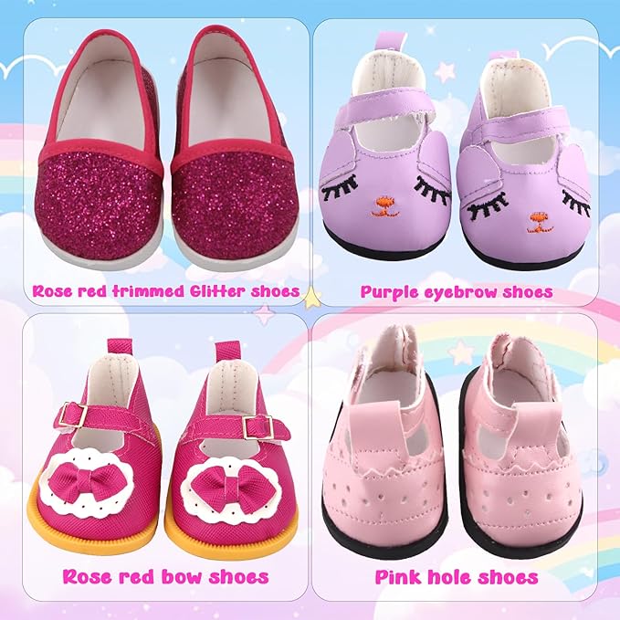 7-Set Doll Clothes & Shoes for 17-18 Inch Dolls / 11-Piece Outfits (Unicorn Dress, Pajamas, Glitter Shoes & More)
