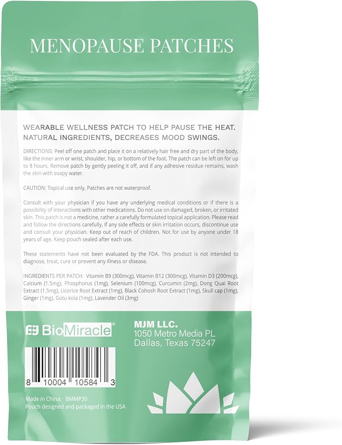 BioMiracle 30 Natural Rellief Menopause Patches Lavender, Ginger, and Herbs Promote Calm Relief, Vegan + Cruelty Free (Two Pack)