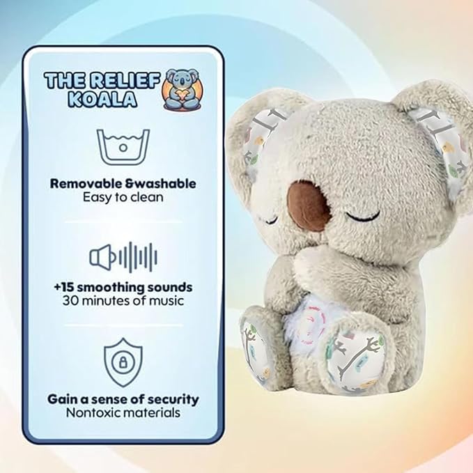 Relief Koala Breathing Stuffed Toy, Anxiety Relief Plush Breathing Animal, Sleeping Koala Plush Breathing with Musical Lights & Adjustable Rhythmic Breathing Motion (Grey)