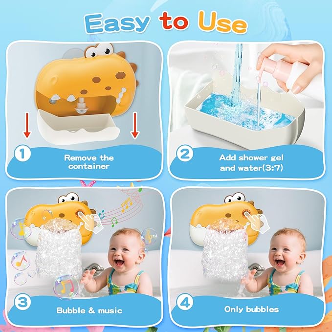 Baby Bath Toys for Kids Ages 1-3 4-8, Rechargeable Dinosaur Bath Bubble Machine with Music for Toddlers, Baby Bathtub Toys Valentine Days Gift, Dinosaur Bath Bubble Maker for Toddlers Kids Boys Girls