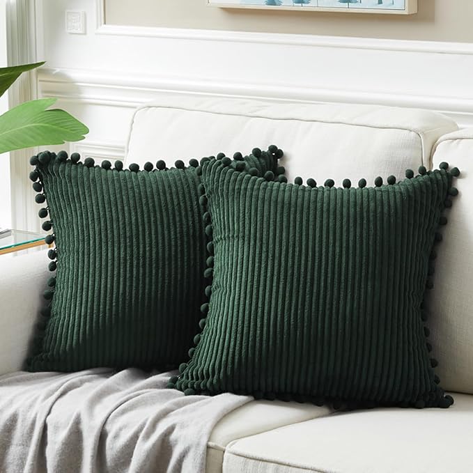 Fancy Homi 2 Pack Dark Green Small Decorative Throw Pillow Covers 12x12 Inch with Pom-poms for Couch Bedroom, Soft Corduroy Solid Rectangle Cushion Case 30x30 cm, Farmhouse Boho Home Decor