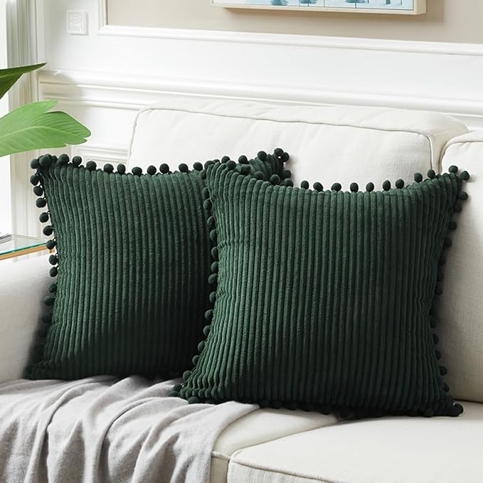 Fancy Homi Pack of 2 Dark Green Decorative Throw Pillow Covers 26x16 Inch with Pom-poms for Couch Bed Living Room, Soft Corduroy Solid Square Cushion Case 66x66 cm, Farmhouse Boho Home Decor