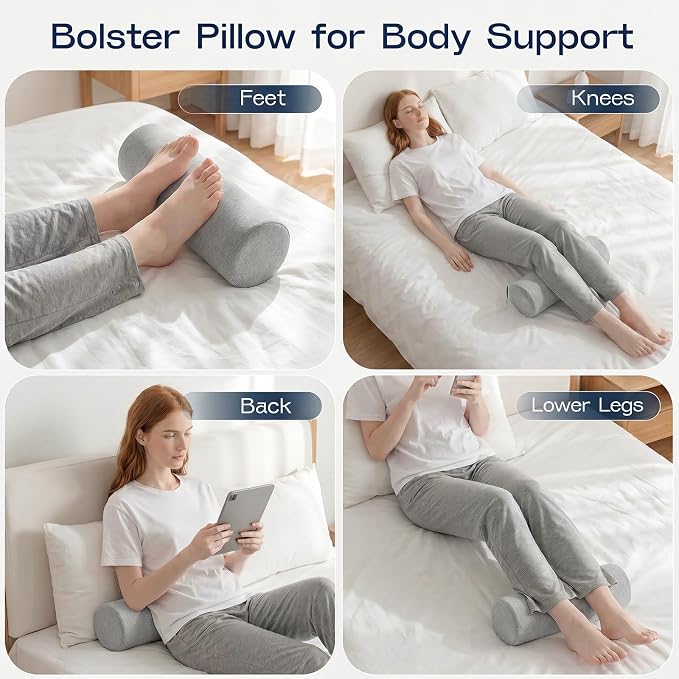 Neck Roll Pillow for Neck Pain Relief - Memory Foam Neck Support Pillow for Bed, Cylinder Pillows, Round Neck Pillow for Sleeping, 15.7 * 5 * 5 inch (Grey)