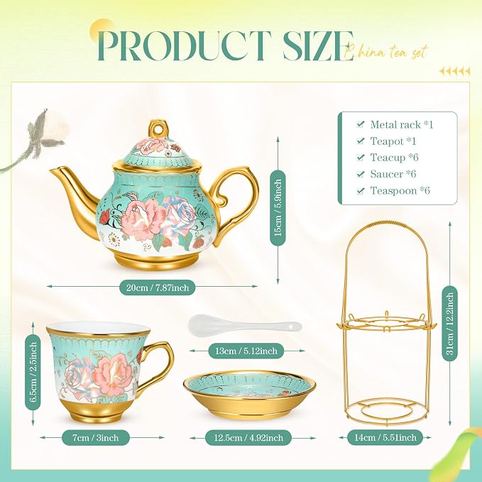 20 Pcs Porcelain Tea Set for Adults with Metal Holder and Spoon European Ceramic Tea Party Set Flower Painting Teapot Cup Saucer for Women Gift, Serving 6 People(Modern)