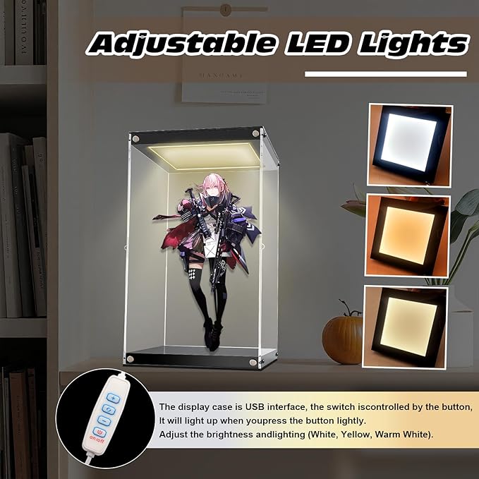 Clear Acrylic Display Case with LED Light for Trophy Collectibles，Assemble Cube Display Box Dust Proof Protection Showcase for Action Figures Toys 6" Lx6 Dx8 H