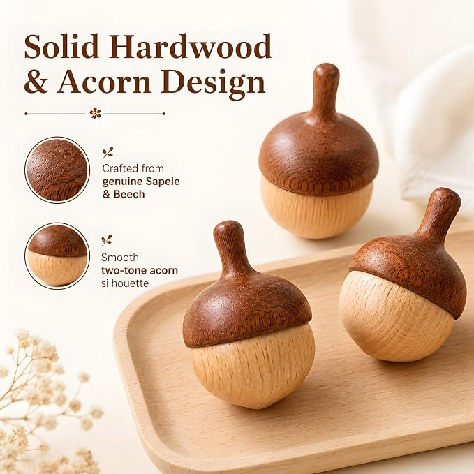 Wooden Spinning Tops Acorn Toy | 3 Pcs Wood Tops Made from Sapele and Beech Hardwood with Cotton Drawstring Storage Bag | Smooth & Safe for Toddlers Skill Play and Travel, Gift-Ready