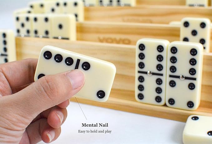 Dominos Set for Adults with 4 Wooden Racks/Stands, Jumbo Dominoes Travel Set with Portable Zipperd EVA Box, 28 Tiles Double 6 Domino Game Set - Classic Board Games, for Family and Outside Games