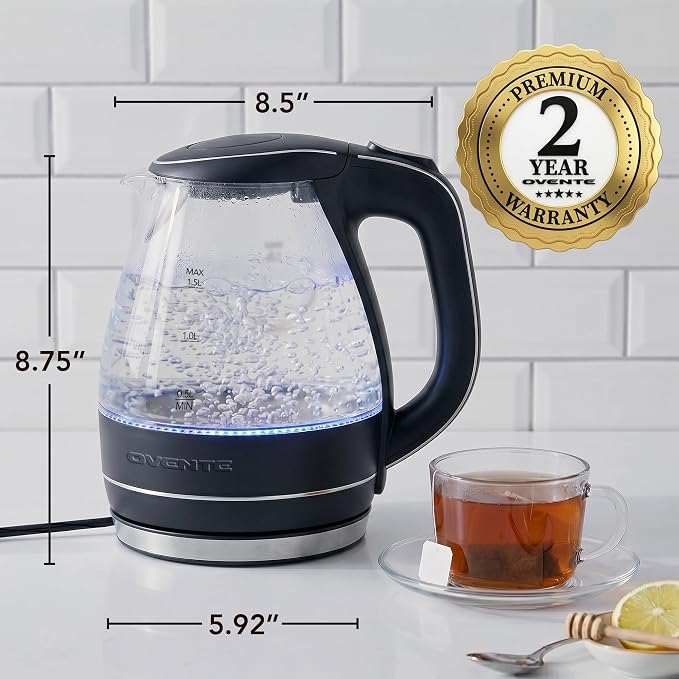 OVENTE Electric Kettle, 1.5L Borosilicate Glass Countertop Water Heater and Boiler for Coffee or Tea, BPA-Free, Auto Shut-Off, Boil-Dry Protection, Removable and Washable Spout Filter, Black KG83B