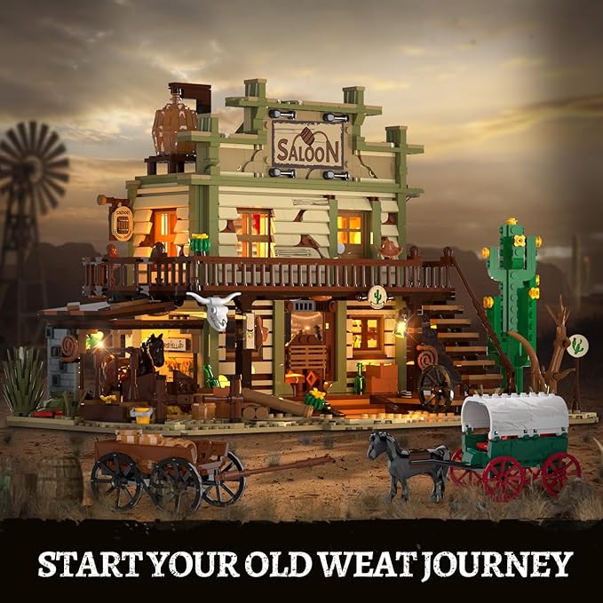 Western Saloon Building Set with LED Light, Wild West Building Block Toy 1727 PCS, Old West Construction Model with Horse Stable Carriage Cowboy Hat, House Building Kit for Adults Teens 12+