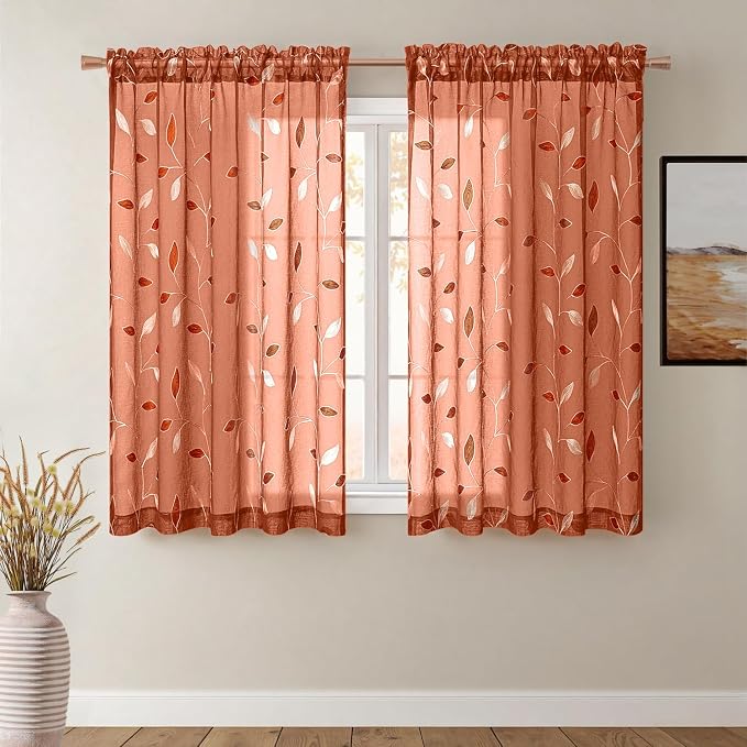 MIULEE Burnt Orange Sheer Curtains 2 Panels Embroidered Leaf Patterned Rod Pocket Floral Semi Faux Linen Short Fall Window Curtains Drapes Set for Kitchen Living Room Bedroom, 52x54 Inches Length