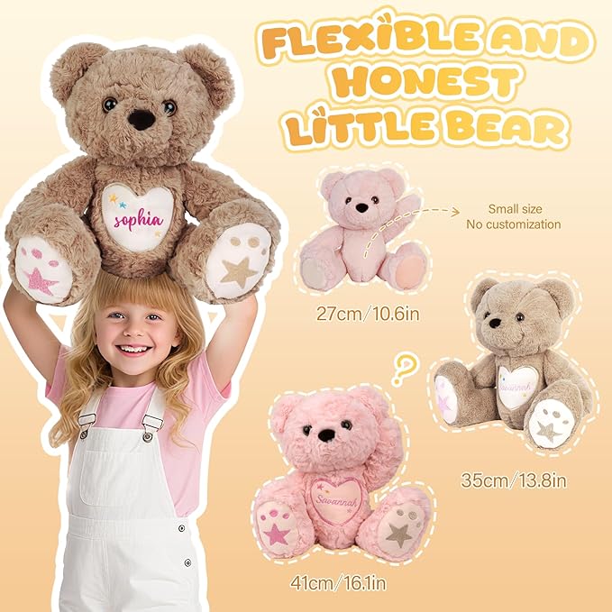 Custom Teddy Bear Stuffed Animal with Embroidered Name, Personalized Stuffed Bear for Baby, Bears Plush Toddler Adult Toys Gifts for 1+ Year Old Girls Boys Birthday Christmas for Her
