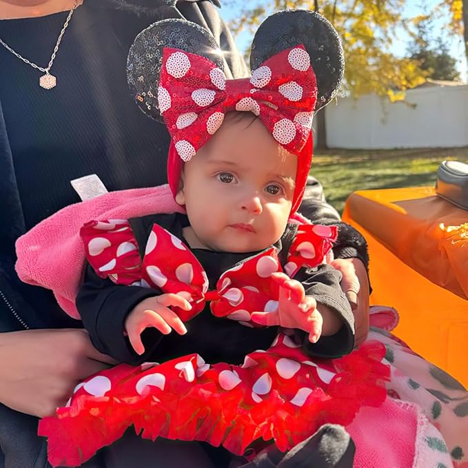 2Pcs Red Baby Girl Large Mouse Ears Dot Headbands with Sequin Bow, Wide Nylon Turban Hairband, Theme Park Headwear, Hair Bow Headband for Toddler, Kids, Party Supplies