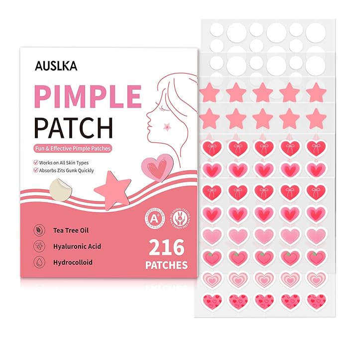 AUSLKA Star-Heart Pimple Patches for Face, Cute Zit Patches for Trip, Holiday, Dates Makeup, Mixed Shapes Zit Stickers with Salicylic Acid 216 Pcs