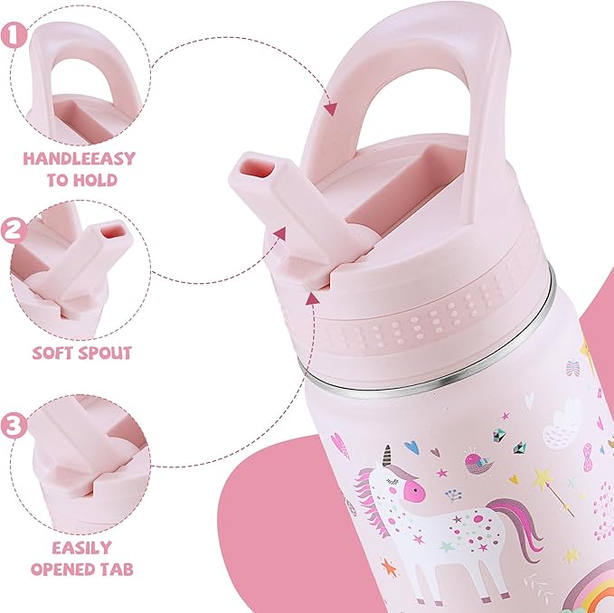 Kids Water Bottle,14oz Stainless Steel Insulated Water Tumbler Leak-Proof,School Water Mug,Small and Portable,Suitable for Boys and Girls to Use(Pink cartoon unicorn)