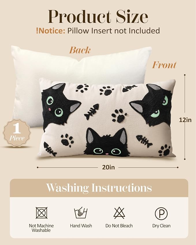 Embroidered Lumbar Pillow Cover 20x12 Inch, Cat Bone | Decorative Throw Pillow Cover, Whimsical Cushion Case with Hidden Zipper, Cottagecore Decor for Couch, Sofa, Living Room