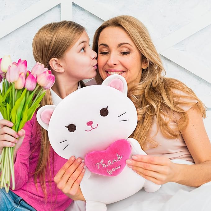 Achwishap Cat Stuffed Animal-Thank You Cat Plush,14” Cats Plush Toys Birthday Gifts for Kids,Cute Plushies Soft Kitten Plushies Kawaii Stuffed Huggging Pillow,Gratitude Animal Pillow for Adults,White