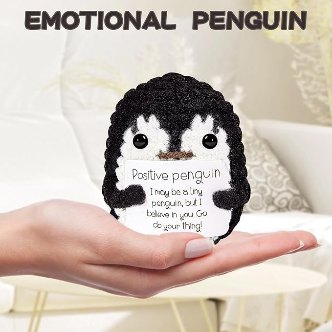 Hoedia Handmade Emotional Pickle Gift, Cucumber Crochet Doll Inspirational Gifts with Cards, Cute Knitted Funny Support Pickle Friend Birthday (Positive Penguin)