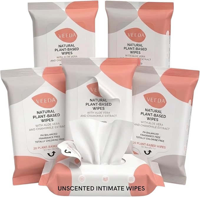 Veeda Plant-Based Feminine Wipes – pH-Balanced, Hypoallergenic & Biodegradable Wipes for Sensitive Skin, Fragrance-Free Travel Sized Wipes – 120 Count