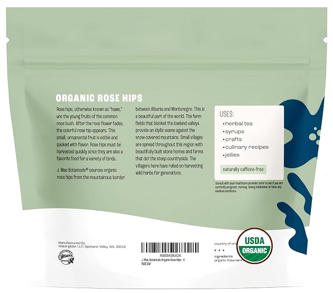 J MAC BOTANICALS Organic Rose Hips (8 oz Bag) Whole, natural dried rose hips for herbal tea, rosehips, rosehip tea, packaged in the USA