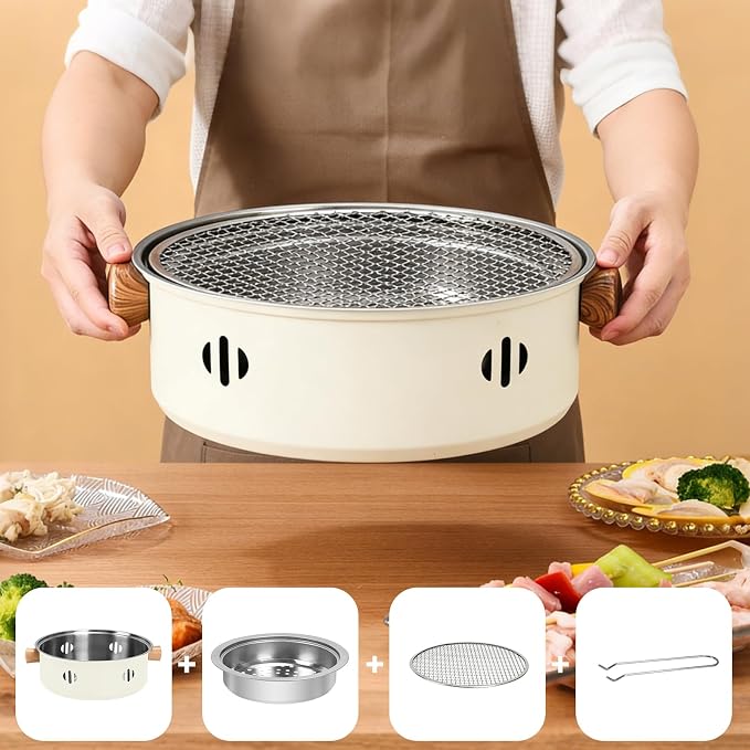 Portable BBQ Charcoal Grill, Mini Tabletop Charcoal Grill Outdoor Multifunctional Round Korean Barbecue Grill for Camping Picnic Beach Party Cooking (Beige)